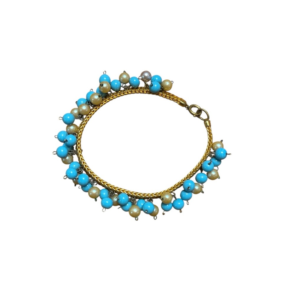 Blue and Faux Pearl Cluster Gold Bracelet - Picture 2 of 2